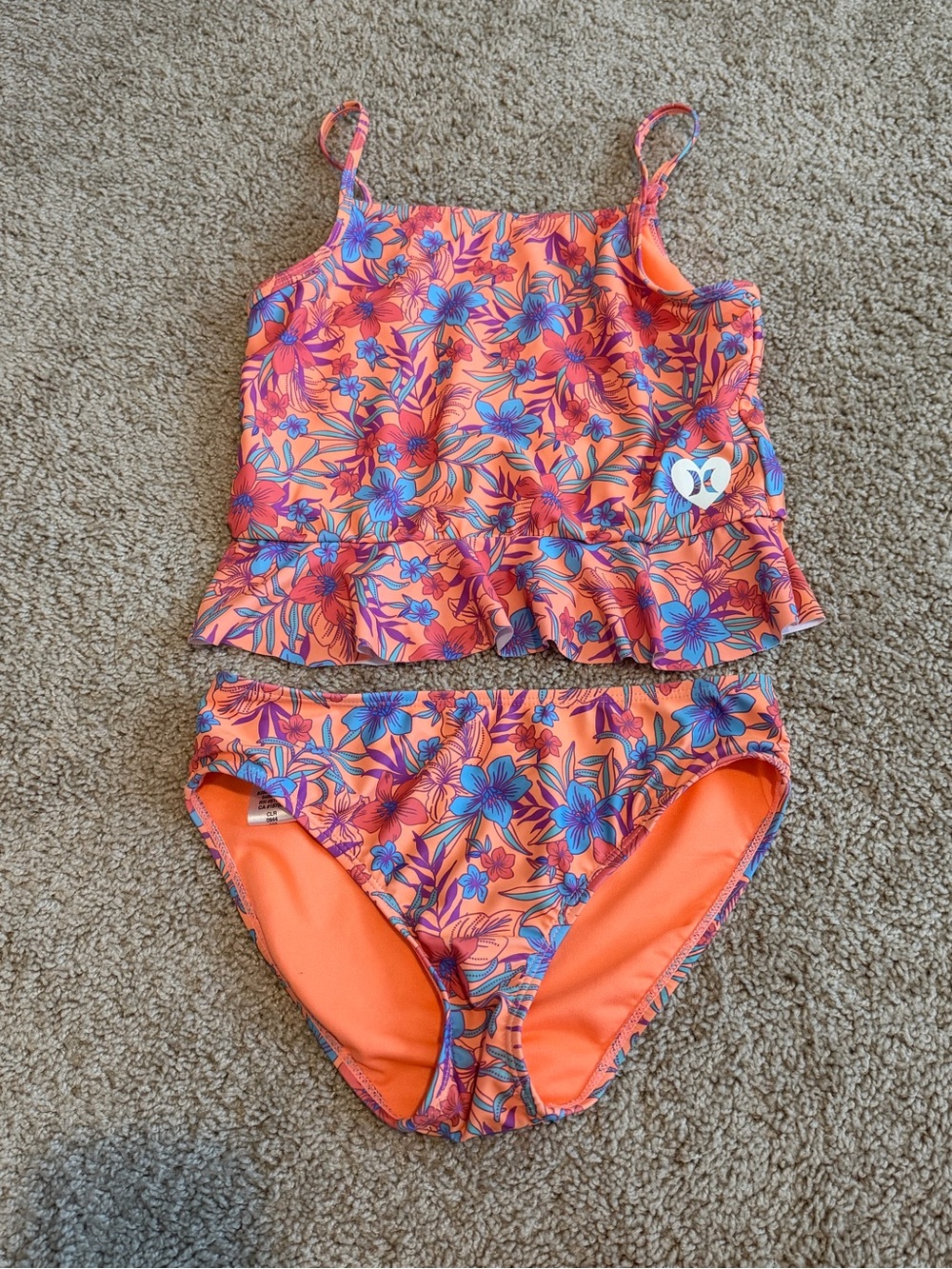Hurley Girls Orange and Blue Floral Tankini Swim Set Size 10-12